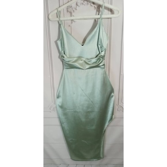 Windsor Satin Green Side Slit Bodycon Dress Hippy Waist Detail Sz M - Picture 5 of 9